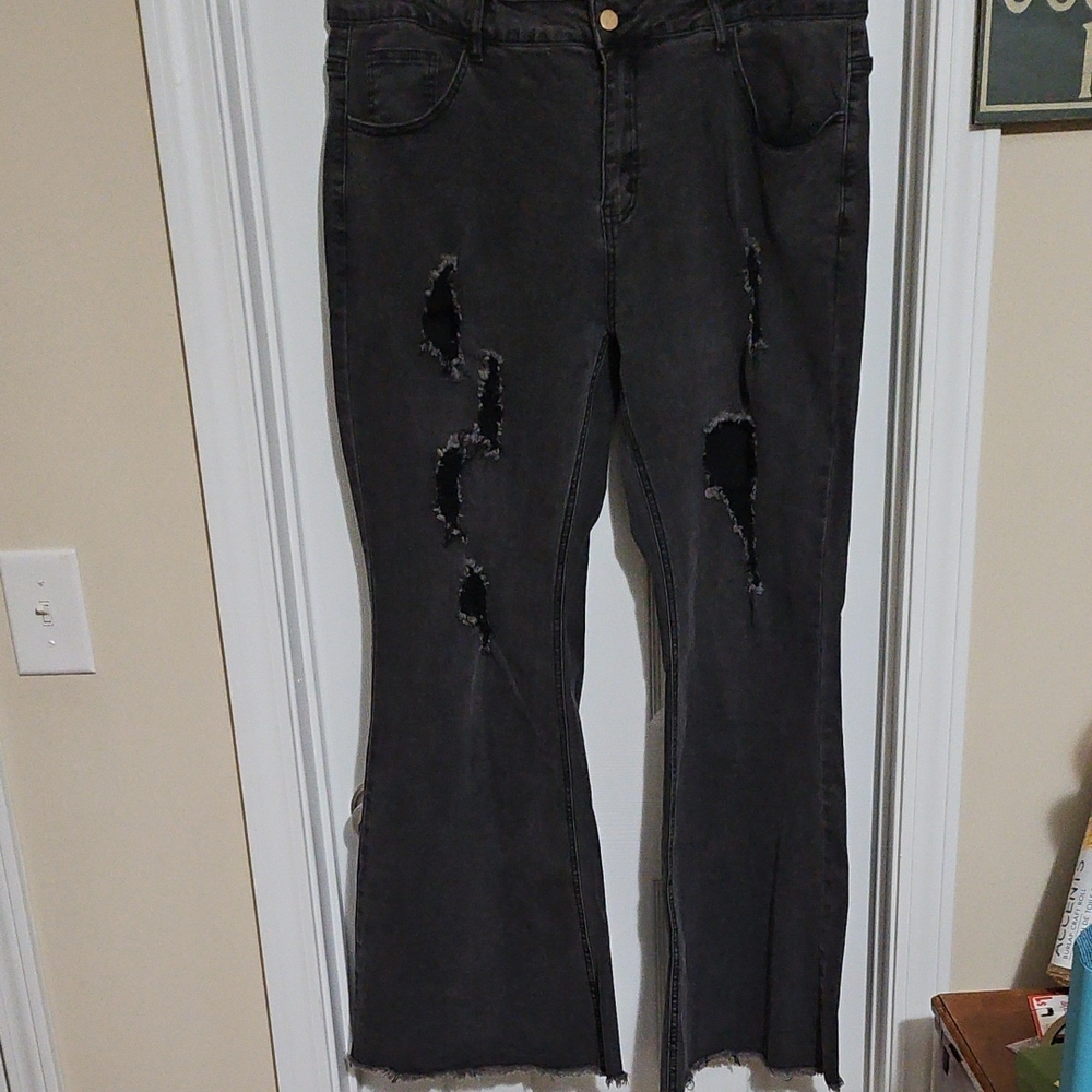 2XL - Distressed Black Flare Jeans